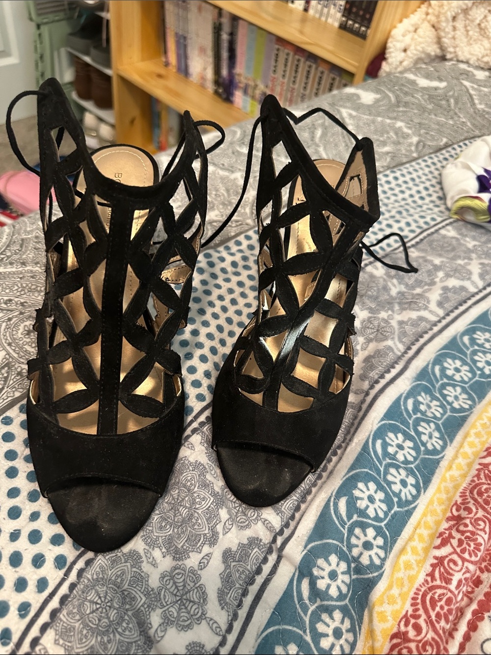 BCBGeneration Black Suede-Look Cage Lace-Up Heels